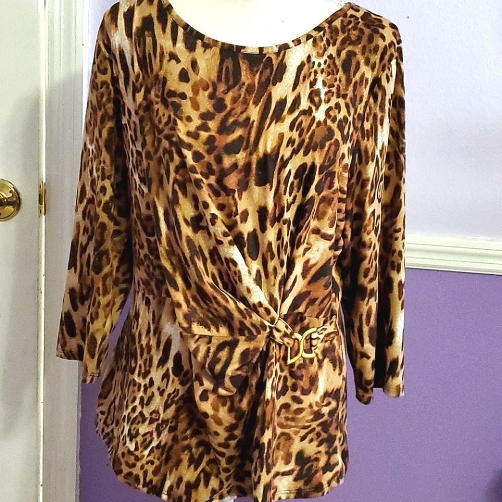 Robert Louis Leopard Print 3/4 Sleeve Elegant Chic Ruched Tied Top L